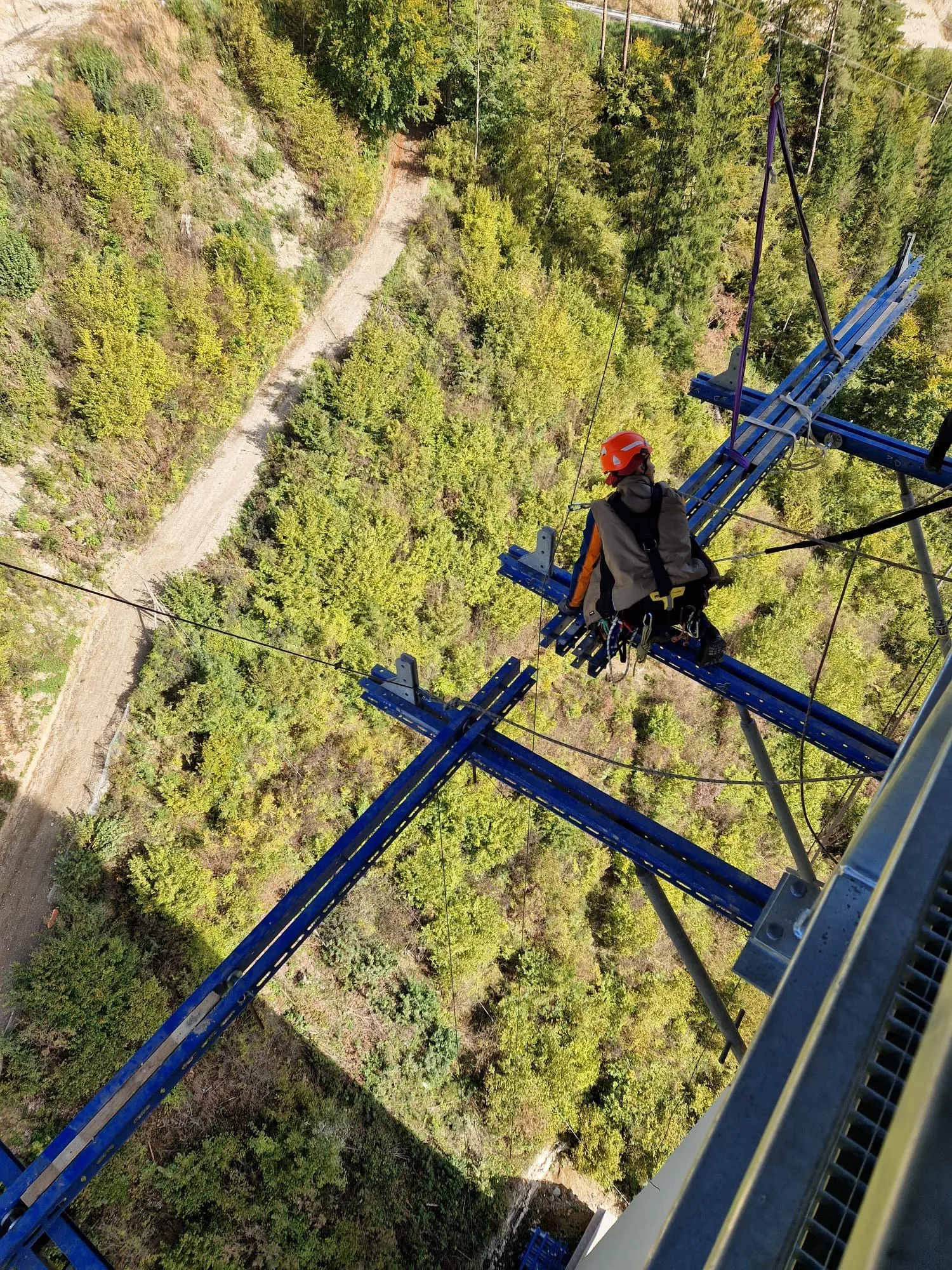 Radnik u pojasu i s kacigom na čeličnoj rešetkastoj konstrukciji stupa, visoko iznad šume